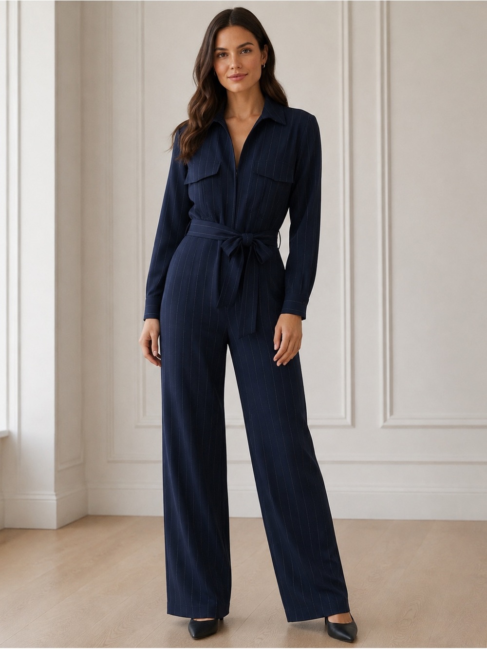 GANNI Clark Navy Pinstripe Belted Utility Jumpsuit EU 40 Size 8 Preppy Workwear